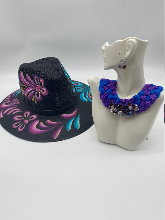 Hand Painted Mexican Artisan Set, Hand Painted HAT, Matching  display picture 3