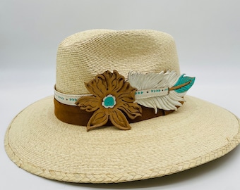 Palma fedora HAT, with leather accessory decoration,