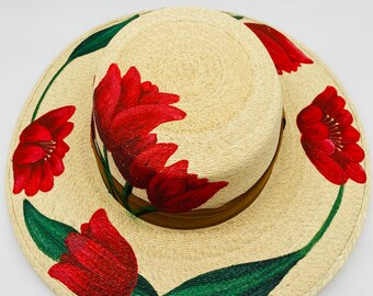 Beautiful Hand Painted Palm Hat Cordobes Style Red Tulipanes  display picture 3