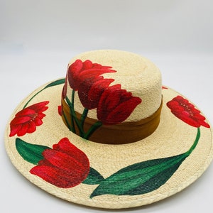 Beautiful  hand painted Palm Hat Cordobes style Red Tulipanes