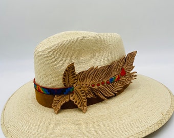 Palma fedora HAT, with leather accessory decoration,