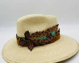 Palma fedora HAT, with leather accessory decoration,