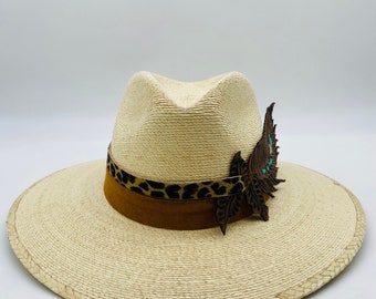 Palma fedora HAT, with leather accessory decoration,