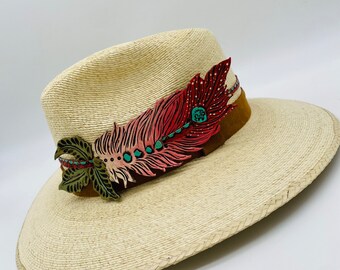 Palma fedora HAT, with leather accessory decoration,