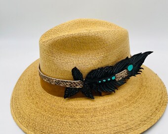 Palma fedora HAT, with leather accessory decoration,