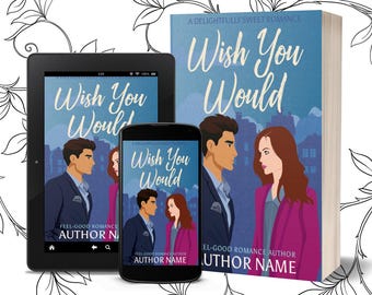 May include: A digital tablet, a smartphone, and a physical book, all displaying the same cover art titled Wish You Would. The cover features an illustration of a person in a blue suit and a person in a magenta coat against a blue cityscape.