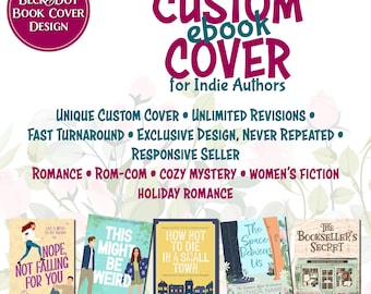 Puede incluir: Un anuncio de diseño de portada de libro electrónico personalizado para autores independientes. El diseño presenta un fondo floral rosa y blanco con varias portadas de libros. El texto incluye "Unique Custom Cover" y "Romance".