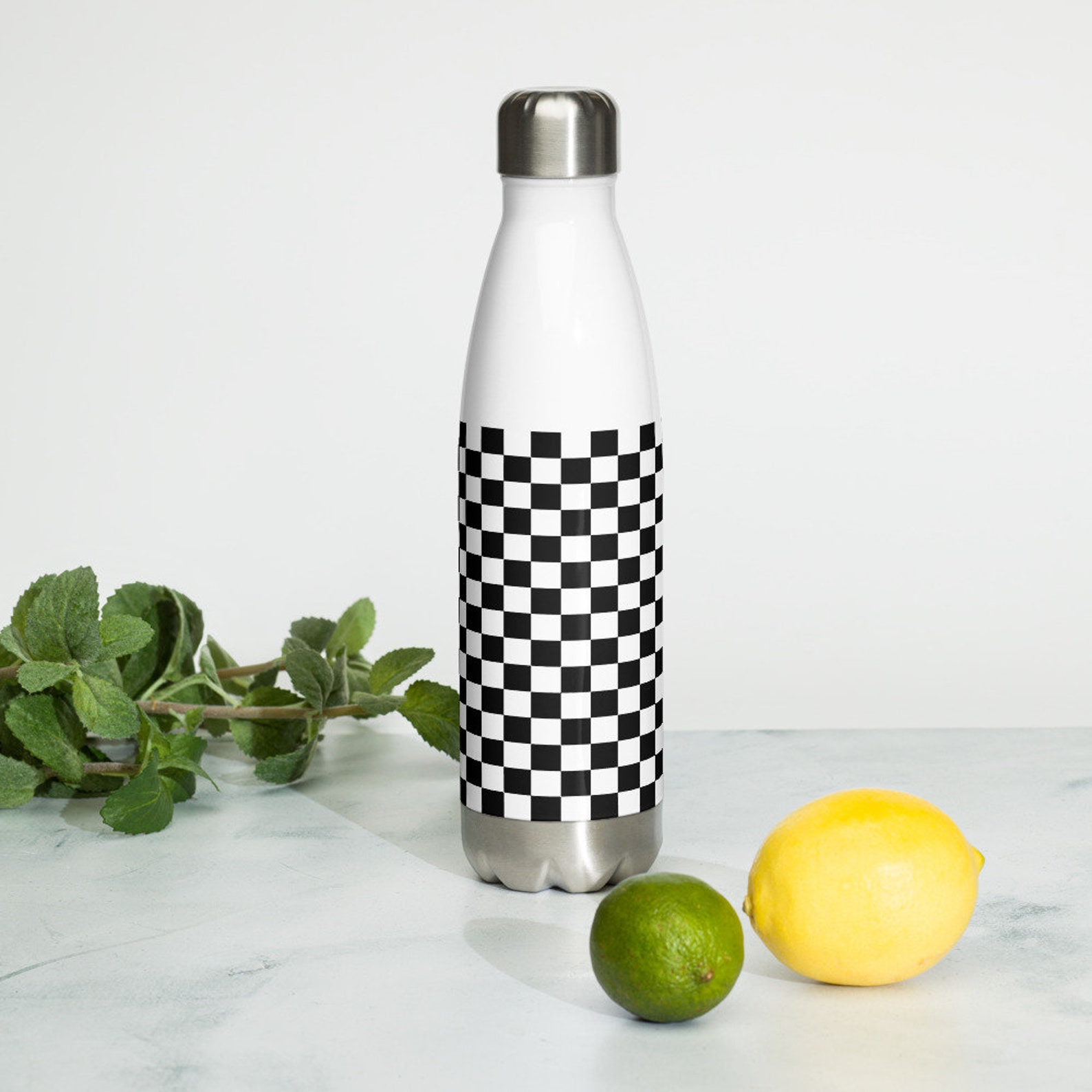 Checkerboard Stainless Steel Water Bottle Etsy