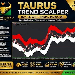 May include: A digital trading indicator graphic titled Taurus Trend Scalper featuring a gold bull logo, a black background, and a central financial chart showing XAUUSD price movements with red and white trend channels and green buy signal arrows.