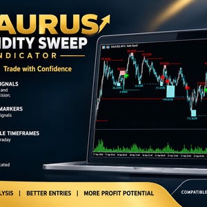 May include: A laptop screen displaying the Taurus Liquidity Sweep Indicator, a financial trading tool. The screen shows a gold price chart with various buy and sell markers, liquidity sweep signals, and technical analysis data for MetaTrader 5.