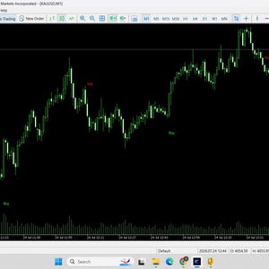 May include: A digital financial trading interface displaying a green candlestick chart for XAU/USD on a black background. The screen shows the Smart Buy and Sell EA v2.5 panel with status active, daily target information, and various trade indicators.