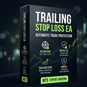 May include: A black rectangular software box labeled Trailing Stop Loss EA Automatic Trade Protection. The front features icons for activation, initial stop loss, and profit, with MT5 Expert Advisor text at the bottom and a green line chart.
