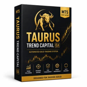 May include: A black rectangular box for the Taurus Trend Capital MT5 Expert Advisor automated gold trading system. The front features a gold bull logo, text, and a candlestick chart. The bottom edge is gold with the text DESIGNED FOR XAUUSD (GOLD).