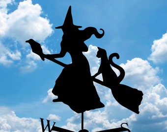 WITCH with cat and  crow Metal Plasmacut Weathervane Roof Decor Weathercock