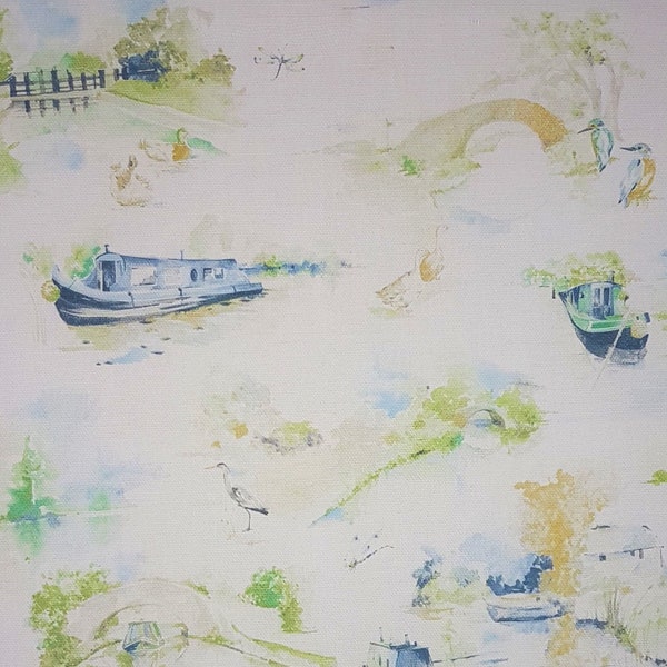 Canal Boat Fabric, Organic Cotton Fabric by the metre, Narrowboat Fabric, Home Interior Fabric, Curtain Fabric, by Aqua by Design