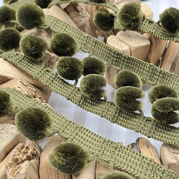 Olive Green pom pom trim, 28mm Trim, perfect trimming for cushions, blinds, curtains & home decor