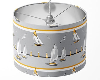 Nautical Grey Lampshade for ceiling or table lamp, sailing boats design, 30cm diameter drum style