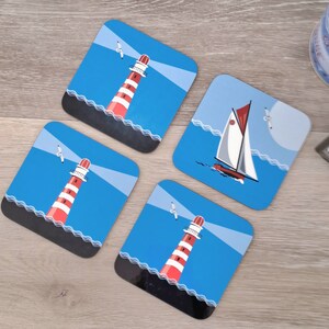Blue Boats Coasters, or Red Lighthouse Coasters, designed & printed in the UK