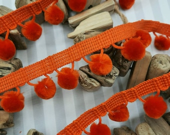 Tangerine Orange Velvet Pom Pom Trim: 28mm Home Decor