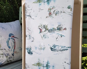 Canal Boat Tea Towel, 100% Organic Cotton, design features narrowboats, kingfishers, dragonflies and canal scenes, Made in the UK