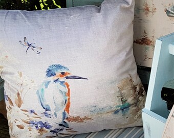 Kingfisher Throw Cushion, Velvet Cushion, Art on a Cushion, Canal Wildlife, 43x43 cm sq, with inner pad, UK made by Aqua by Design