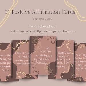 Conjunto de 31 tarjetas de afirmación positiva, Tarjetas de cuidado personal para todos los días, Baraja de cartas de espíritu próspero, Tarjetas imprimibles, Descarga digital