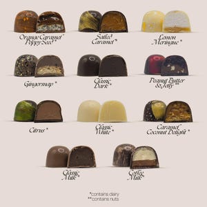 K&ouml;nnte beinhalten: Eine Auswahl an handgemachten Pralinen, jede mit einem einzigartigen Design und einer F&uuml;llung. Zu den Geschmacksrichtungen geh&ouml;ren Orange-Karamell-Mohn, gesalzenes Karamell, Zitronenbaiser, Lebkuchen, klassisch dunkel, Erdnussbutter & Gelee, Zitrusfr&uuml;chte, klassisch wei&szlig;, Karamell-Kokos-Genuss, klassische Milch und Kaffee-Milch.