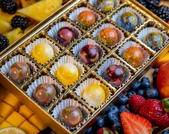 Box of Summer Flavors Assorted Artisan Chocolates, 100% celiac safe, pineapple, mango, peach, berries, lemonade, seasonal flavors