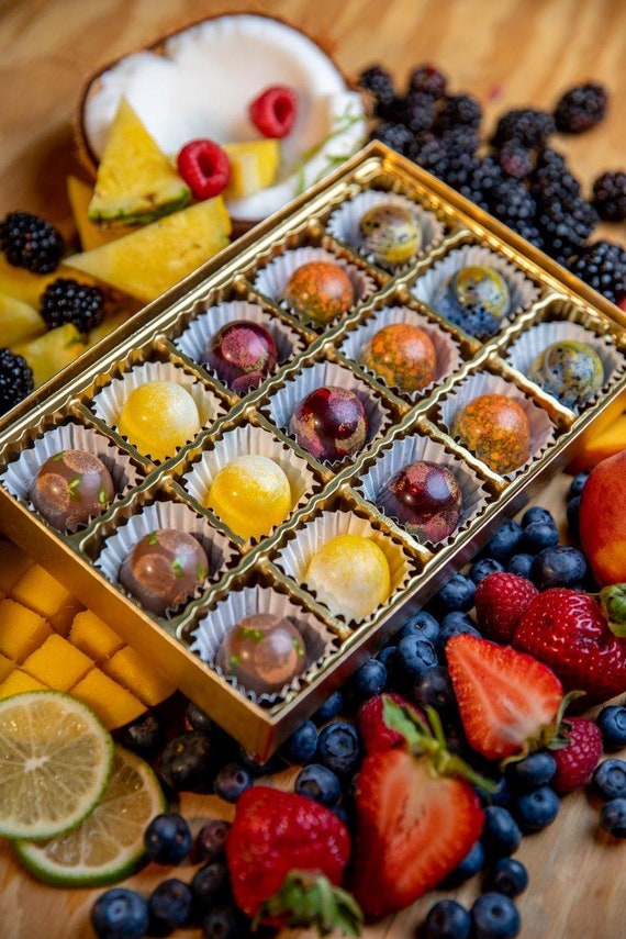 Box of Summer Flavors Assorted Artisan Chocolates, 100% celiac safe, pineapple, mango, peach, berries, lemonade, seasonal flavors