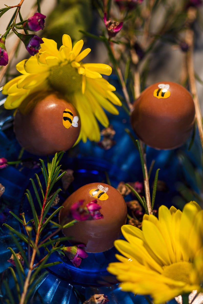 K&ouml;nnte beinhalten: Drei runde, braune Pralinen, verziert mit kleinen Bienenaufklebern, arrangiert mit gelben G&auml;nsebl&uuml;mchen und lila Bl&uuml;ten. Die Pralinen liegen auf einer blauen Oberfl&auml;che, was eine farbenfrohe Szene ergibt.