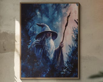 May include: A framed print of a wizard in a blue robe and hat, holding a staff. The artwork has a fantasy theme, with a forest background and a long white beard on the wizard. The color palette is primarily blue and brown.