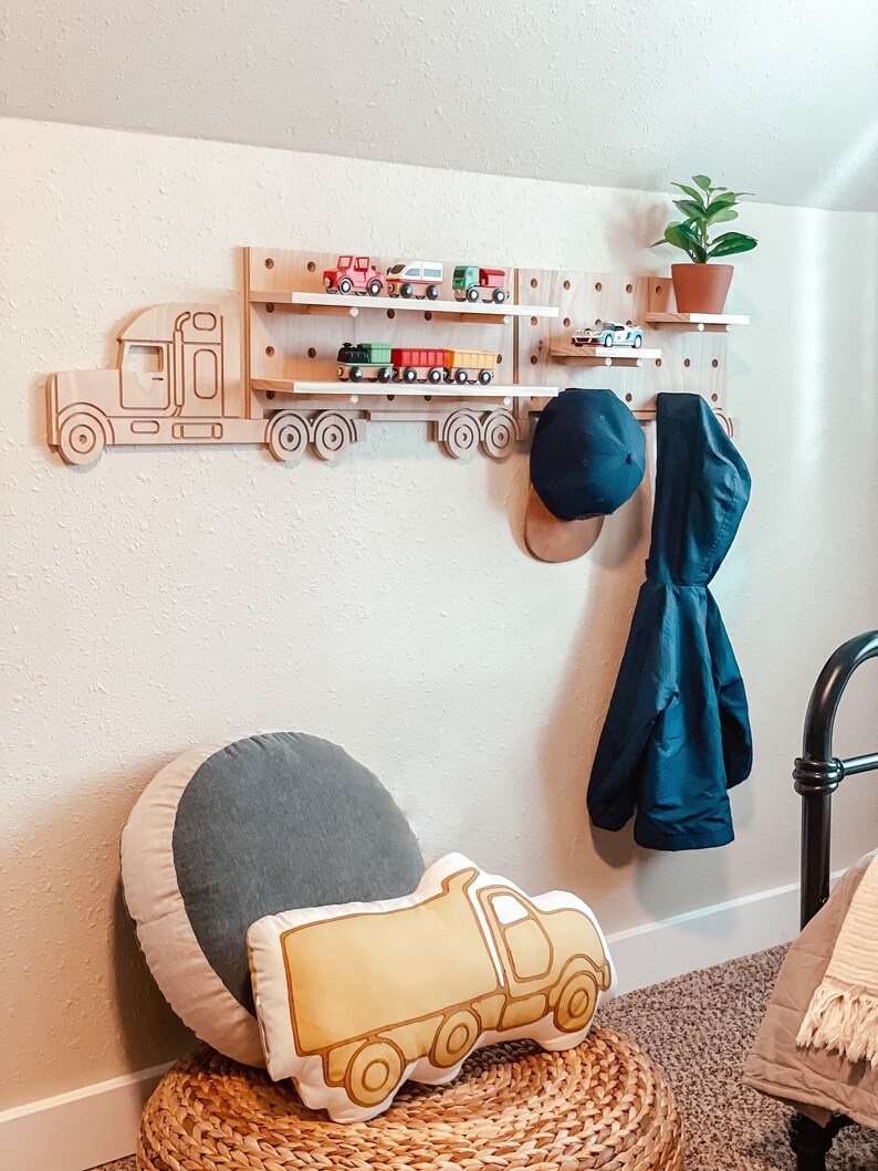 Wooden Semitruck Pegboard Shelf Toy Car Shelf Toy Car Etsy