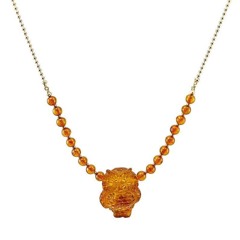 Genuine Baltic Amber Necklace Cognac colors Pendant with 14K Gold plated chain Natural Baltic Amber Carved Owl with Round Beads