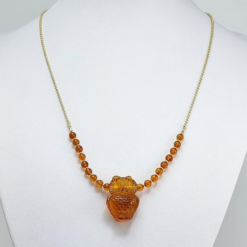 Genuine Baltic Amber Necklace Cognac colors Pendant with 14K Gold plated chain Natural Baltic Amber Carved Owl with Round Beads