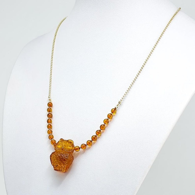 Genuine Baltic Amber Necklace Cognac colors Pendant with 14K Gold plated chain Natural Baltic Amber Carved Owl with Round Beads