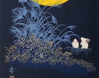 Noren Panel with Bunnies and Large Yellow Moon, Rabbit Panels, Japanese Noren Panel
