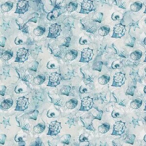 May include: A repeating pattern featuring various seashells and starfish in shades of blue and teal against a light gray background. The design includes spiral shells, bivalves, and small starfish arranged in a dense, overlapping coastal motif.