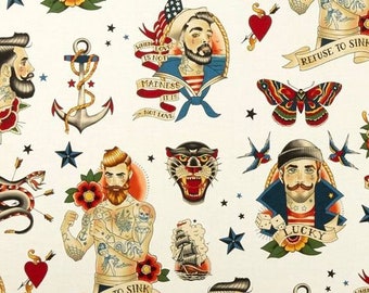 Alexander Henry Anchors Away on Cream, Tattoos on Fabric