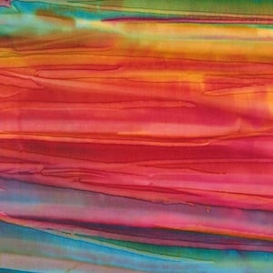 May include: Abstract textile art with a watercolor effect. The fabric features a blend of vibrant colors, including red, orange, yellow, green, and blue, creating a dynamic and fluid visual texture. The design has a layered appearance.