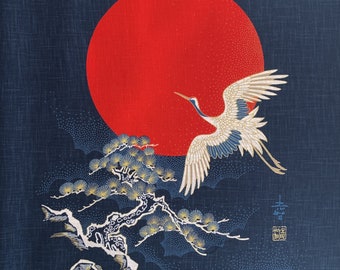 Noren Panel with Two Cranes, Moon and Branch, Crane Noren Panel