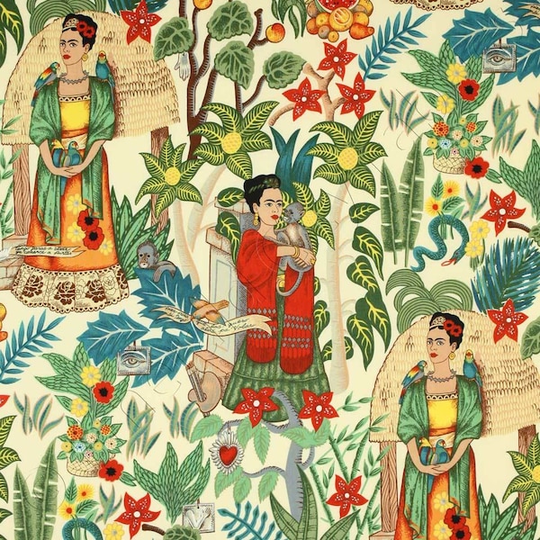 Frida fabric, Alexander Henry Frida Kahlo Canvas -Frida's Garden Tea color way