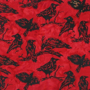 May include: Red fabric with a repeating pattern of black silhouettes of crows. The crows are in various poses, some perched on branches, some in flight.