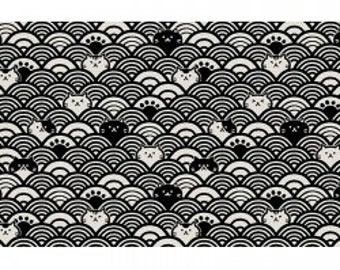 Cat fabric, Japanese Cat fabric, Japanese Dobby Clam Shell and Cat - Black and Tan