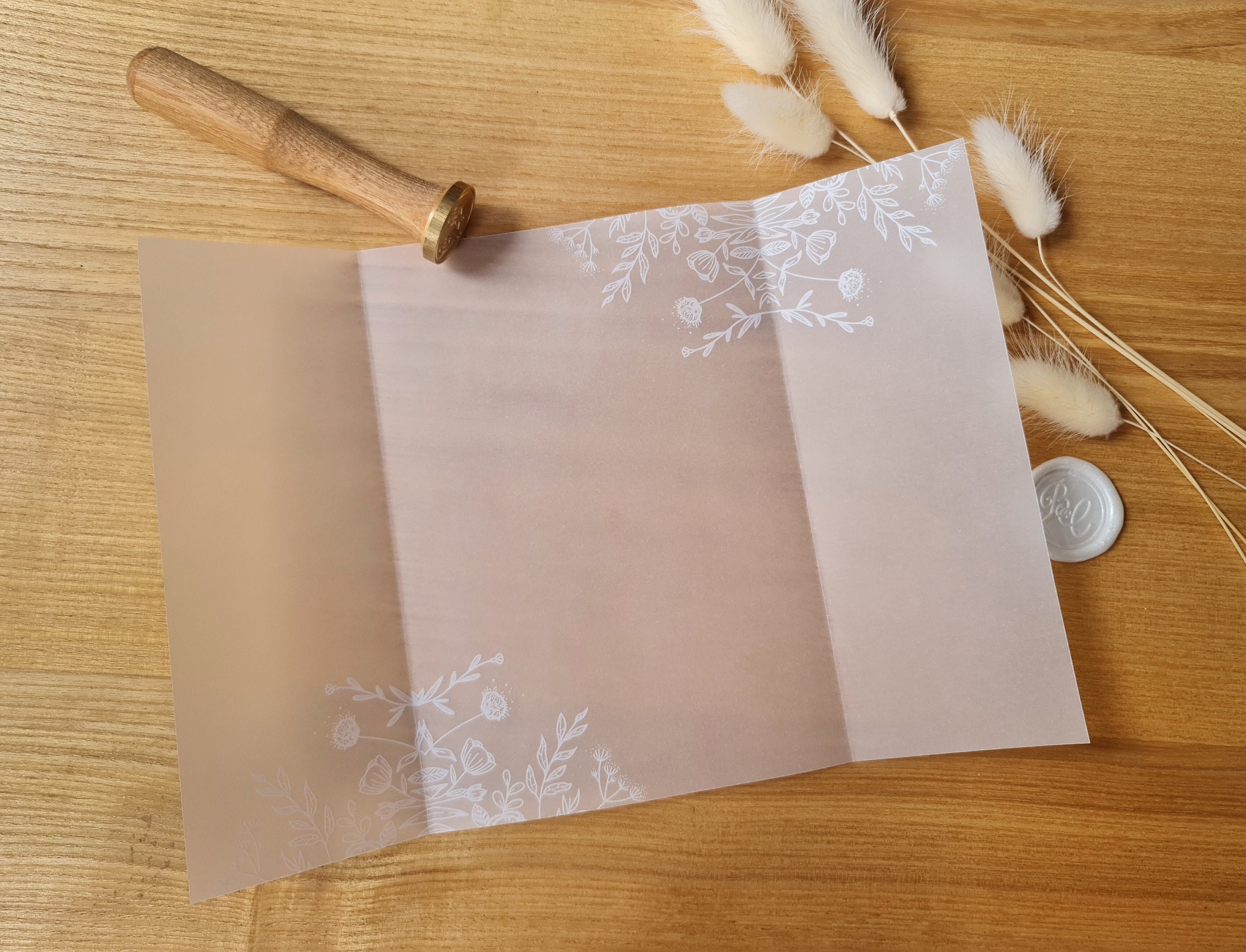 LAARIA Pre-Folded Vellum Jackets for Invitations: 5x7 Translucent Vellum  Paper with Adhesive Stickers & Natural Dried Pressed Flowers - Translucent