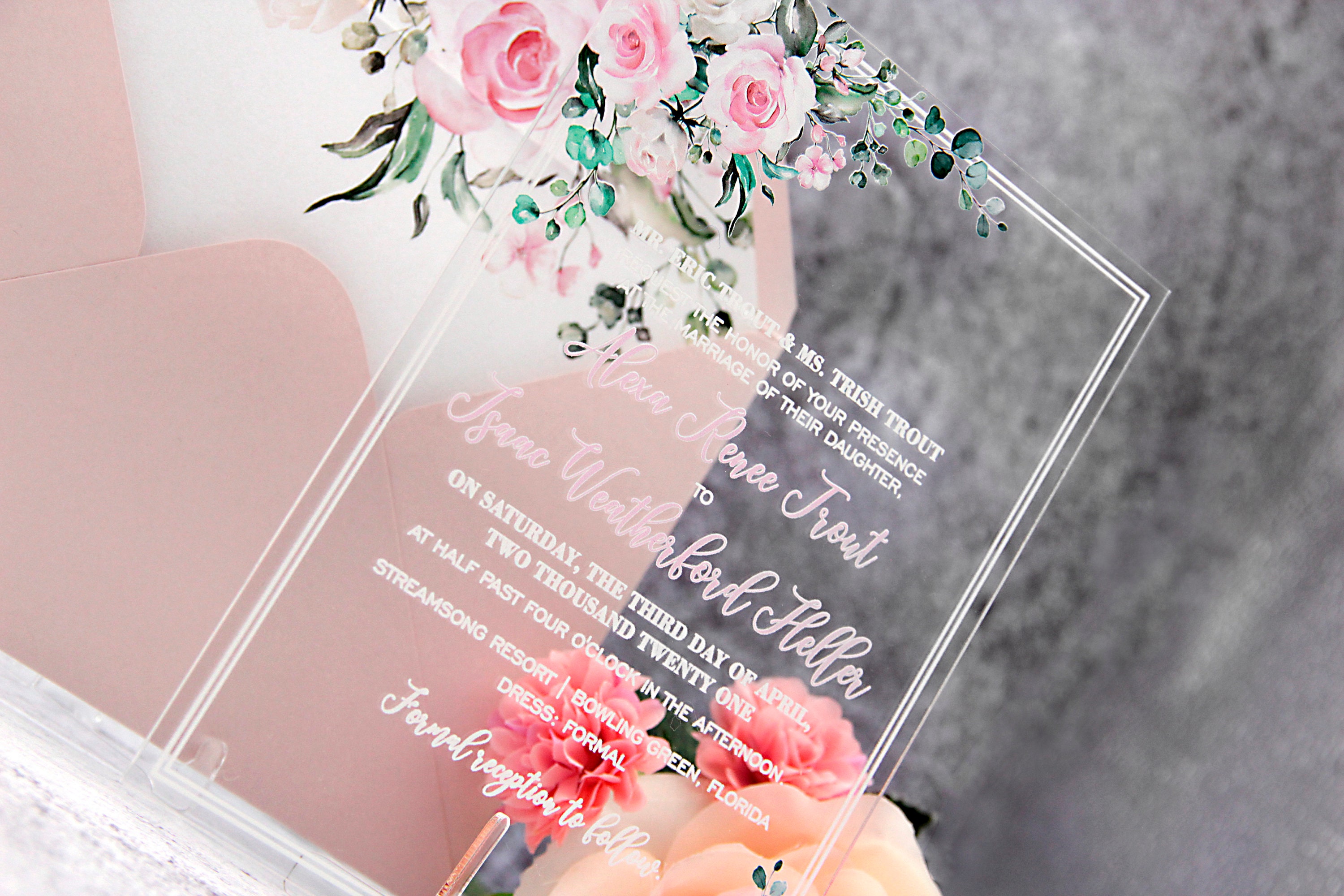 Acrylic Wedding Invitations Quincenera Vintage Flowers White - Etsy Israel