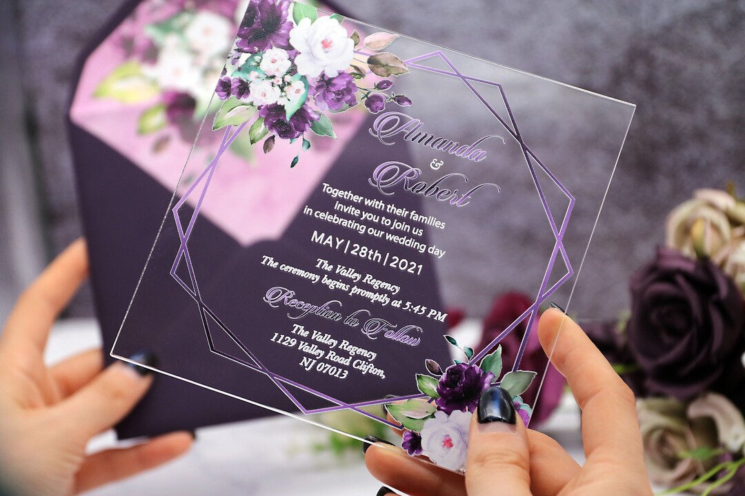 Acrylic Wedding Invitations Square Purple and White Roses Etsy
