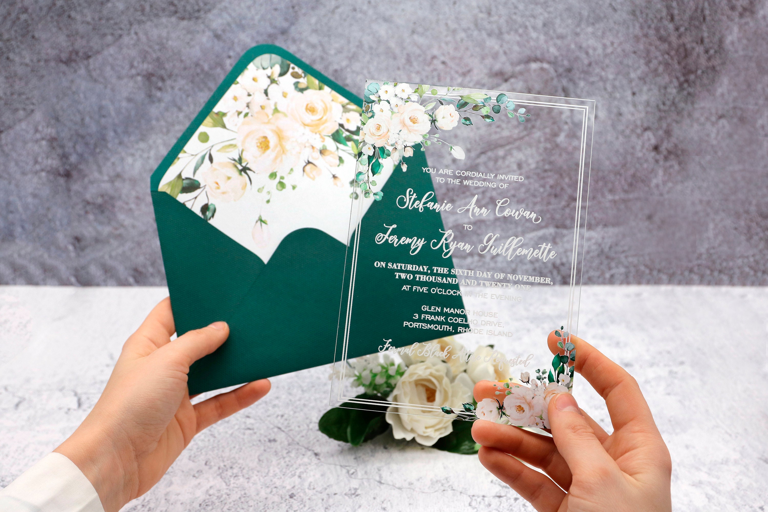 Classic green white floral Acrylic Save the Date Cards CSTD005