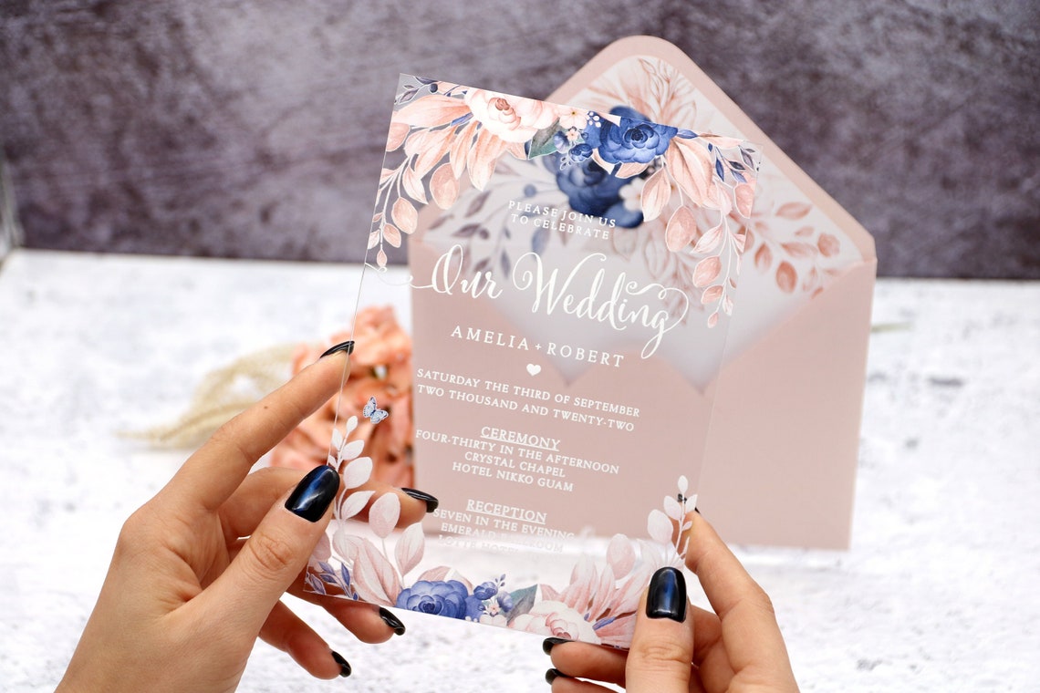 Acrylic Wedding Invitations Blush pink and navy blue flowers image 1