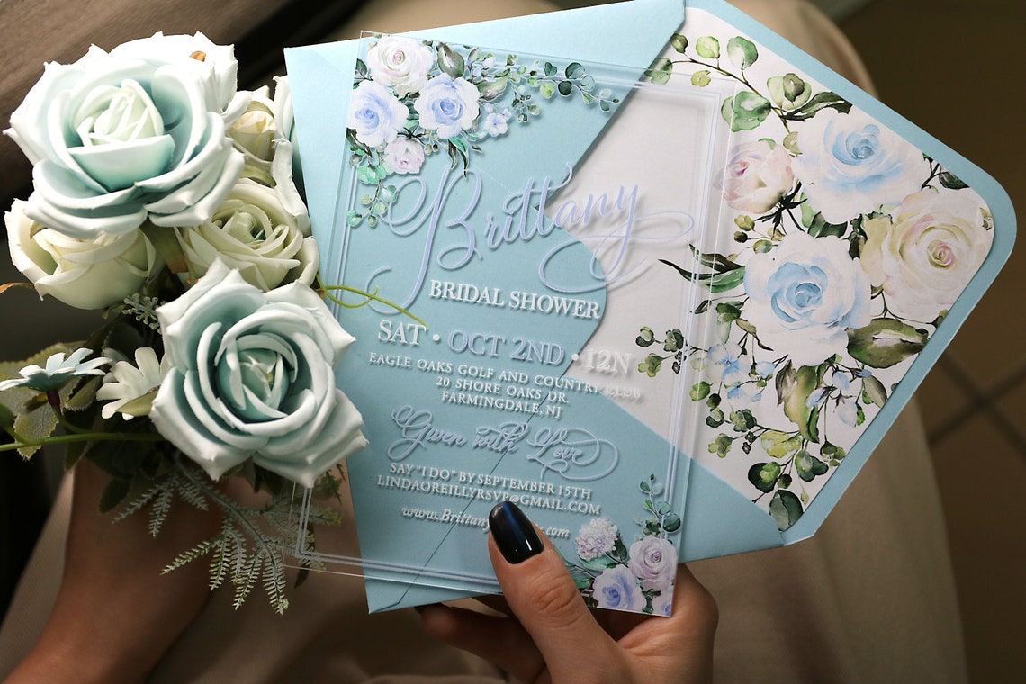 Acrylic Wedding Invitations Light Blue and White Roses image 1