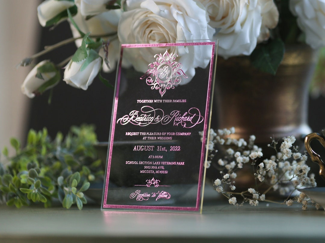 Elegant Acrylic Wedding Invitation with Silver Foil Letters and Pink E –  World of Wedding Co.